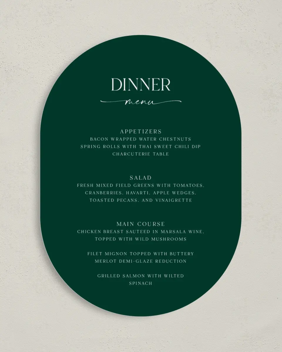 This is a 5" x 7" Wedding Menu Card called The Olivia printed in full color on Premium Smooth paper