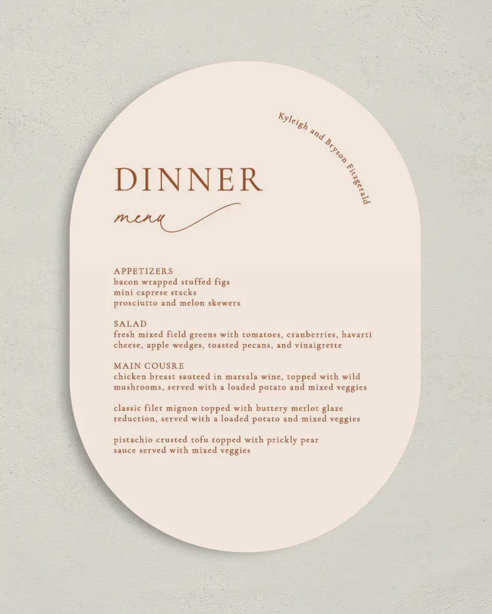 This is a 5" x 7" Wedding Menu Card called The Kyleigh printed in full color on Premium Smooth paper