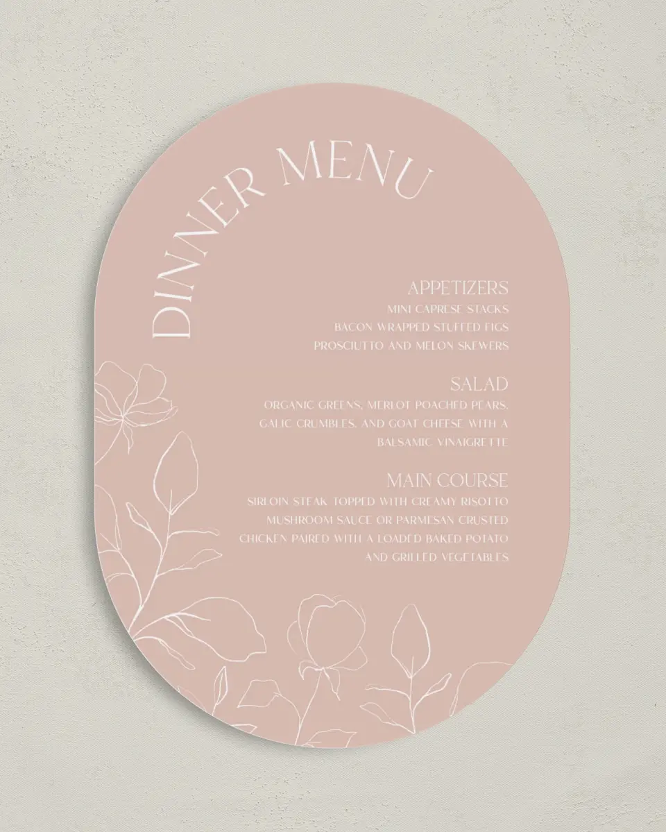 This is a 5" x 7" Wedding Menu Card called The Sadie printed in full color on Premium Smooth paper