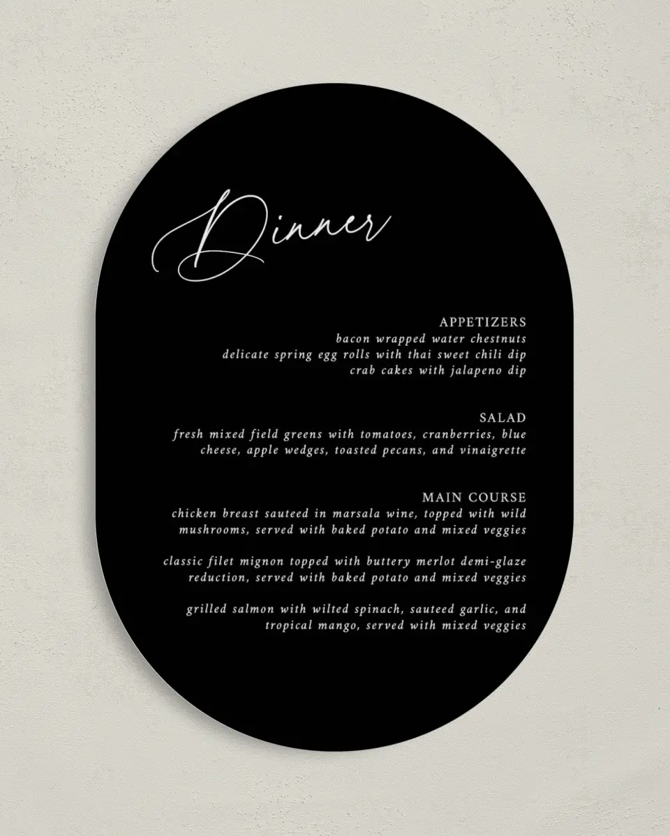 This is a 5" x 7" Wedding Menu Card called The Christina printed in full color on Premium Smooth paper