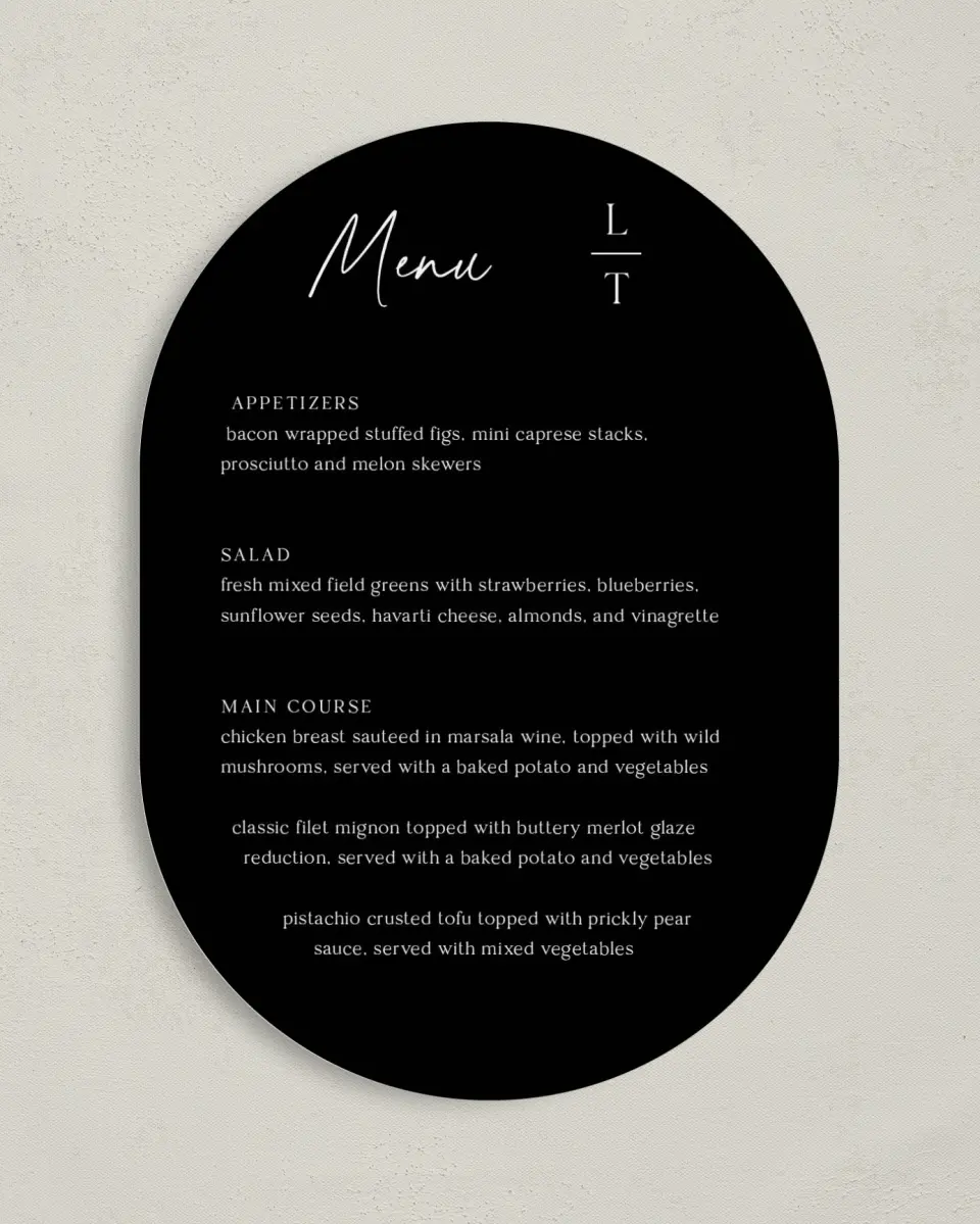 This is a 5" x 7" Wedding Menu Card called The Lauren printed in full color on Premium Smooth paper