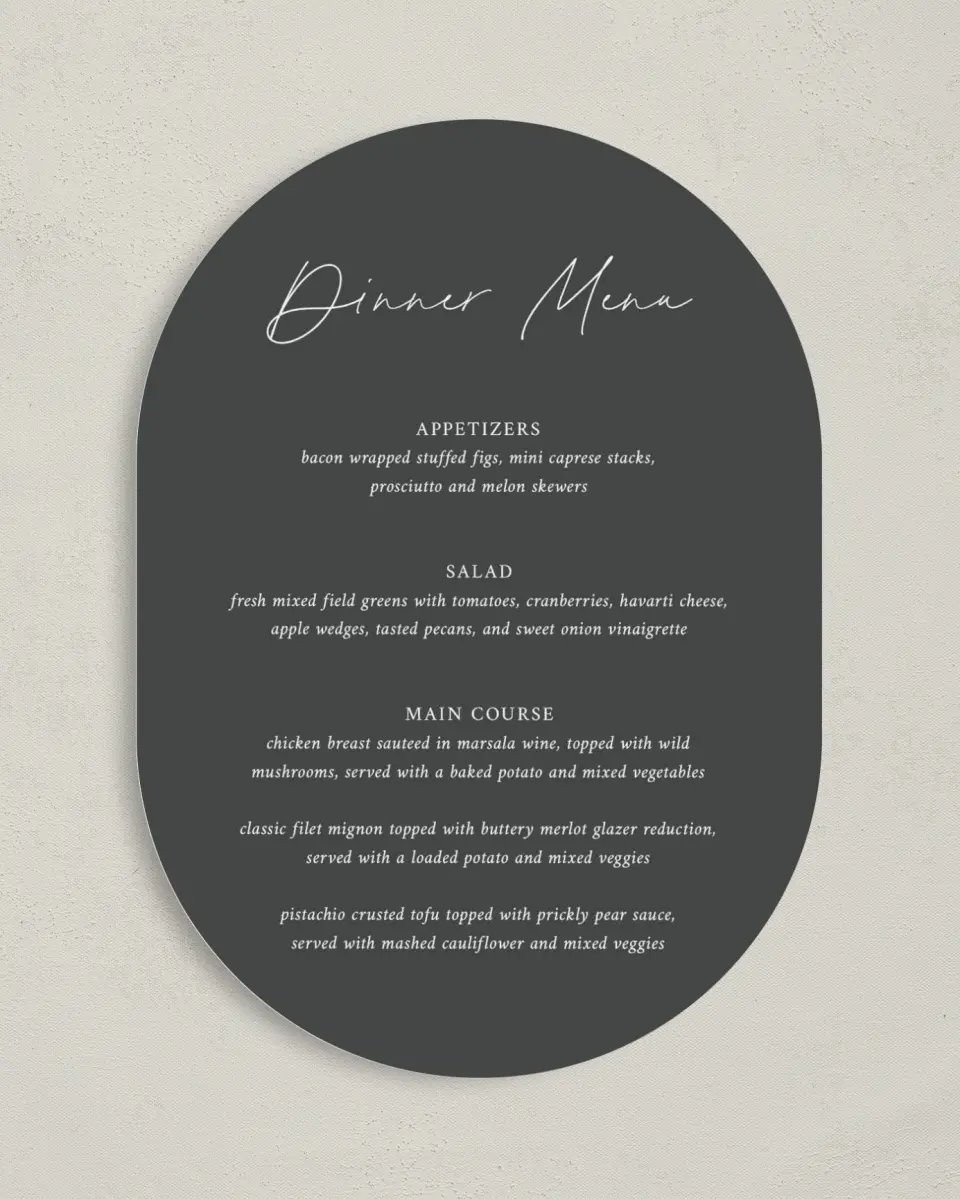 This is a 5" x 7" Wedding Menu Card called The Madelyn printed in full color on Premium Smooth paper