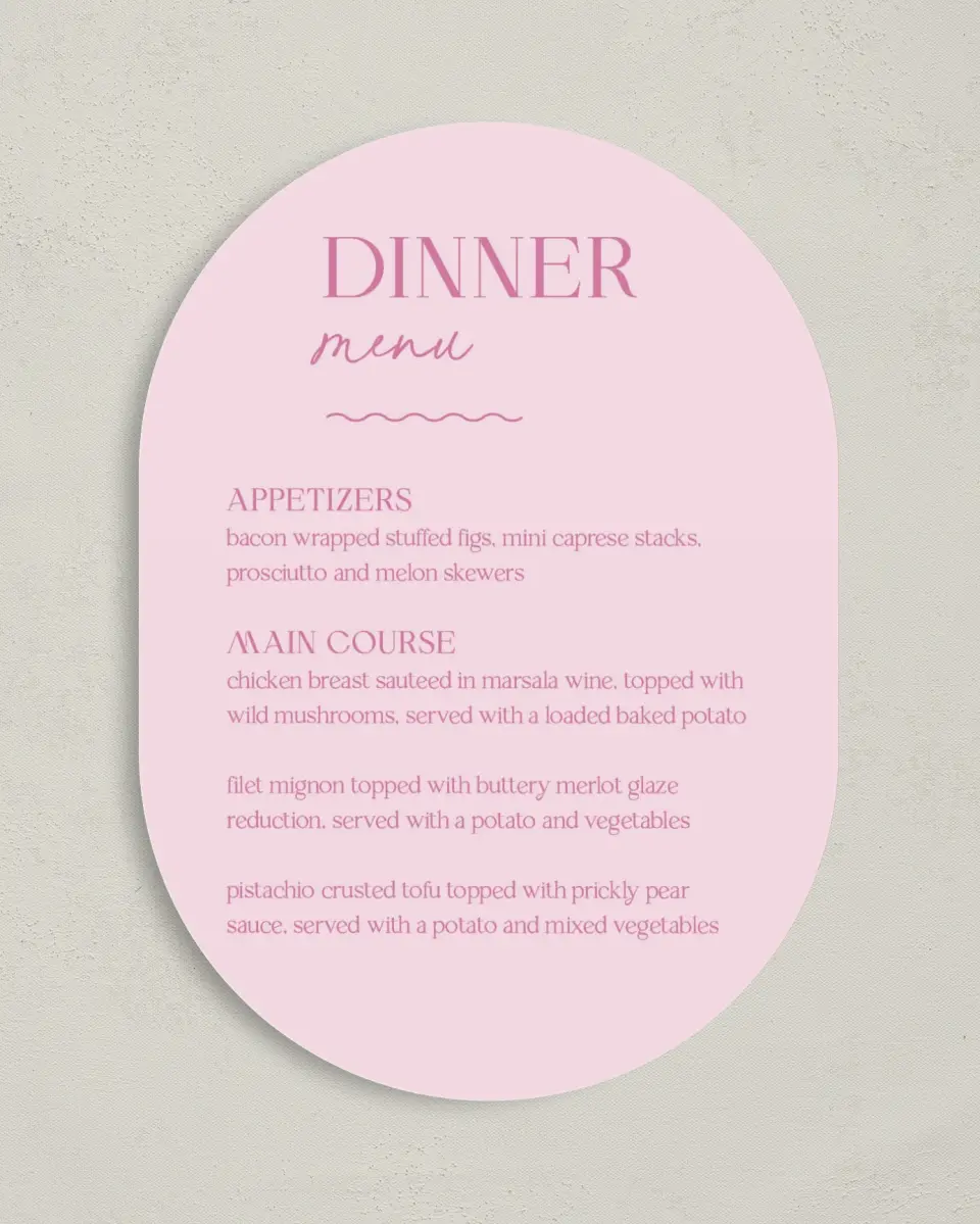 This is a 5" x 7" Wedding Menu Card called The Taylor printed in full color on Premium Smooth paper
