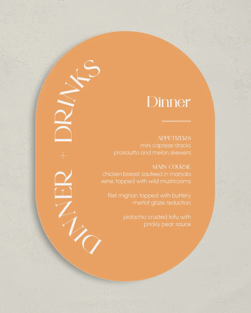 This is a 5" x 7" Wedding Menu Card called The Leah printed in full color on Premium Smooth paper