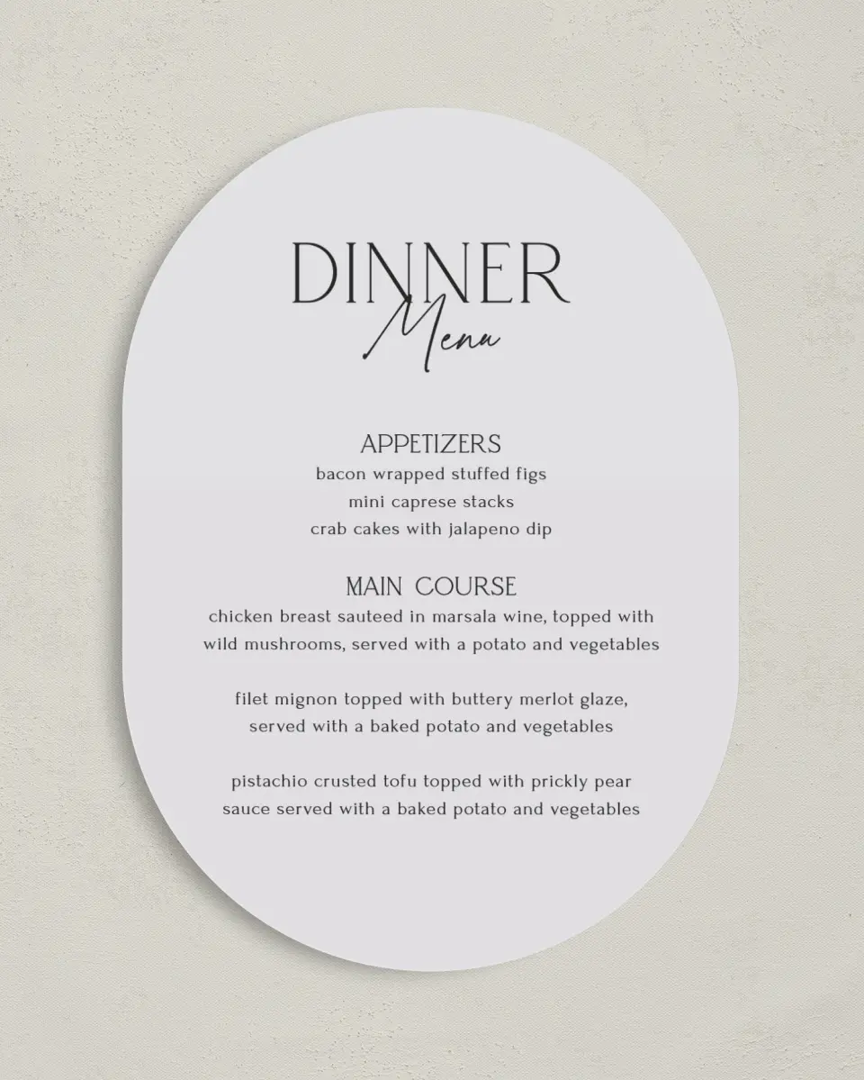 This is a 5" x 7" Wedding Menu Card called The Caroline printed in full color on Premium Smooth paper