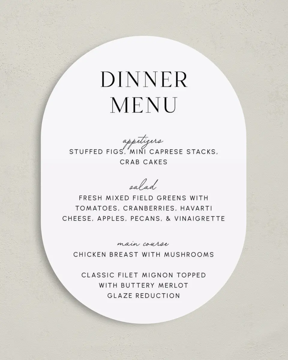 This is a 5" x 7" Wedding Menu Card called The Isabella printed in full color on Premium Smooth paper