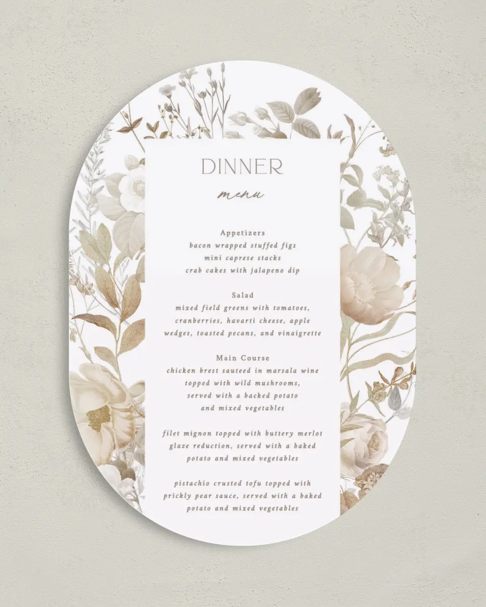 This is a 5" x 7" Wedding Menu Card called The Everly printed in full color on Premium Smooth paper