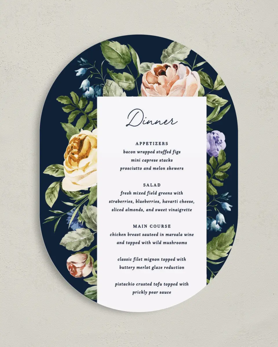 This is a 5" x 7" Wedding Menu Card called The Natalie printed in full color on Premium Smooth paper