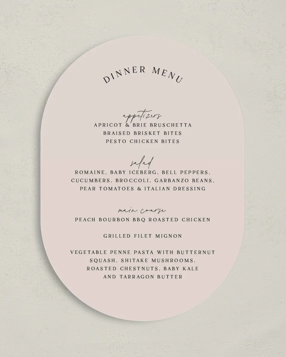 This is a 5" x 7" Wedding Menu Card called The Samantha printed in full color on Premium Smooth paper