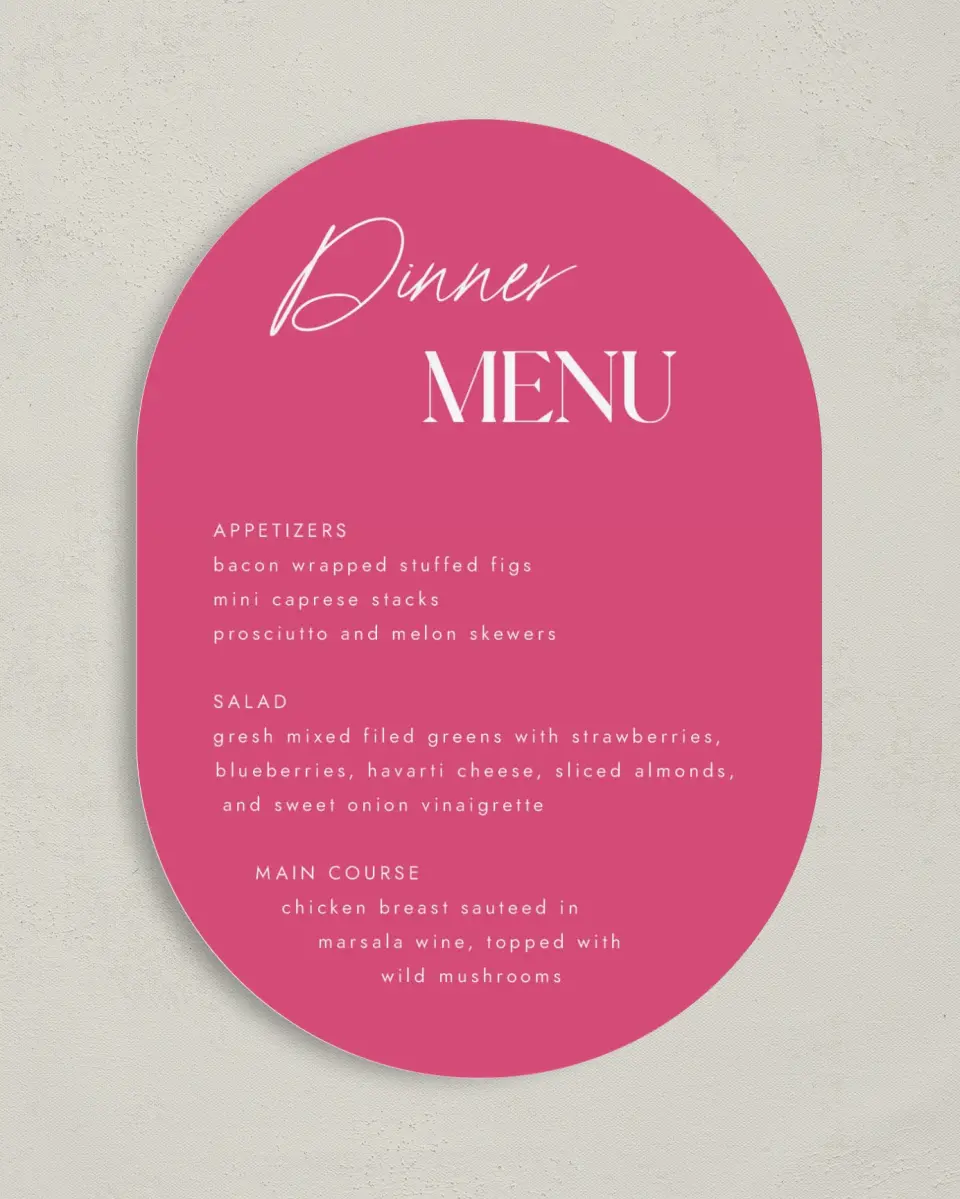 This is a 5" x 7" Wedding Menu Card called The Andrea printed in full color on Premium Smooth paper