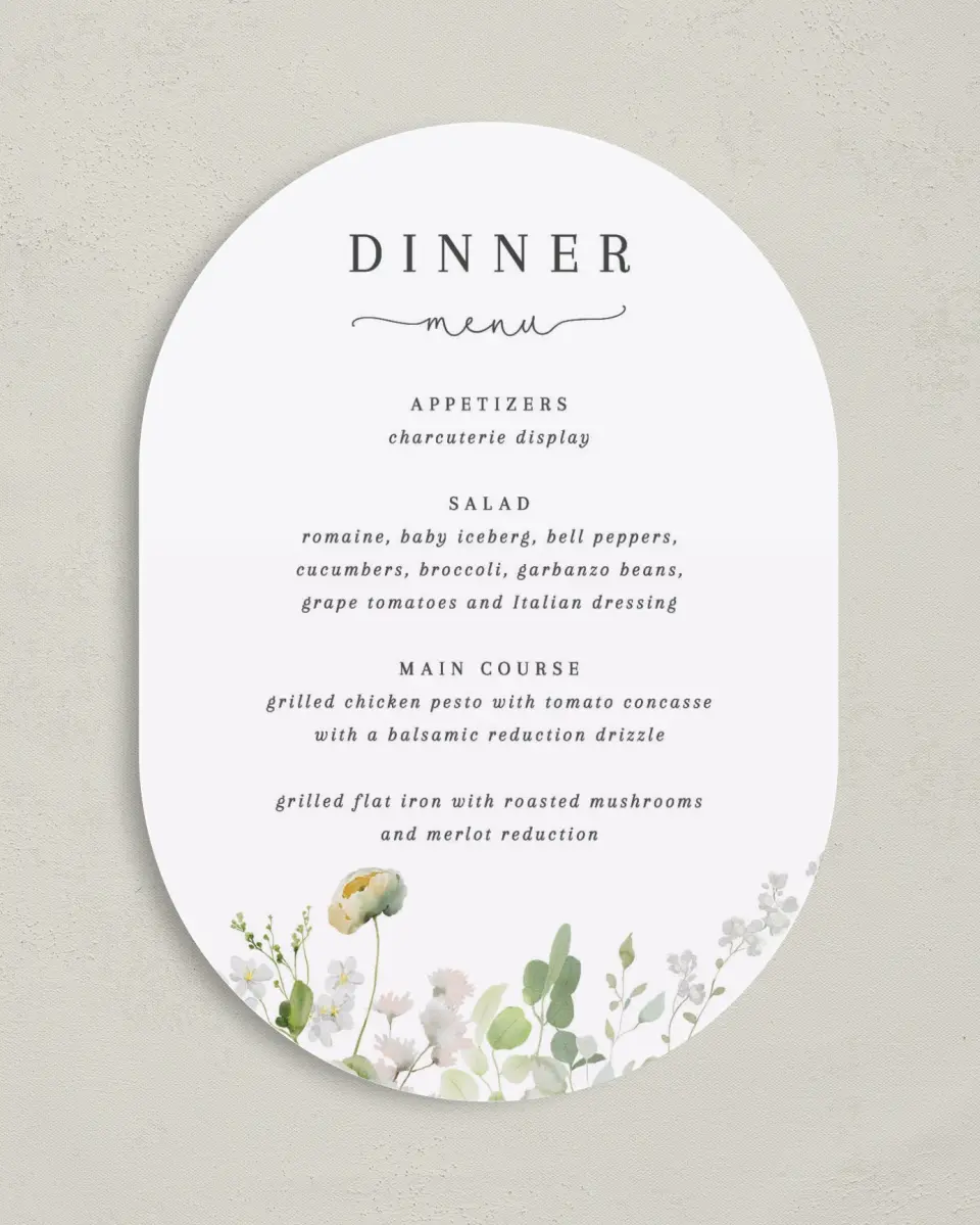 This is a 5" x 7" Wedding Menu Card called The Zoey printed in full color on Premium Smooth paper