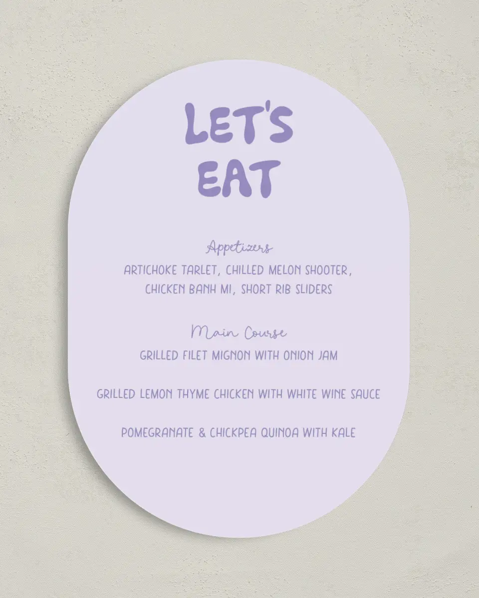 This is a 5" x 7" Wedding Menu Card called The Karly printed in full color on Premium Smooth paper