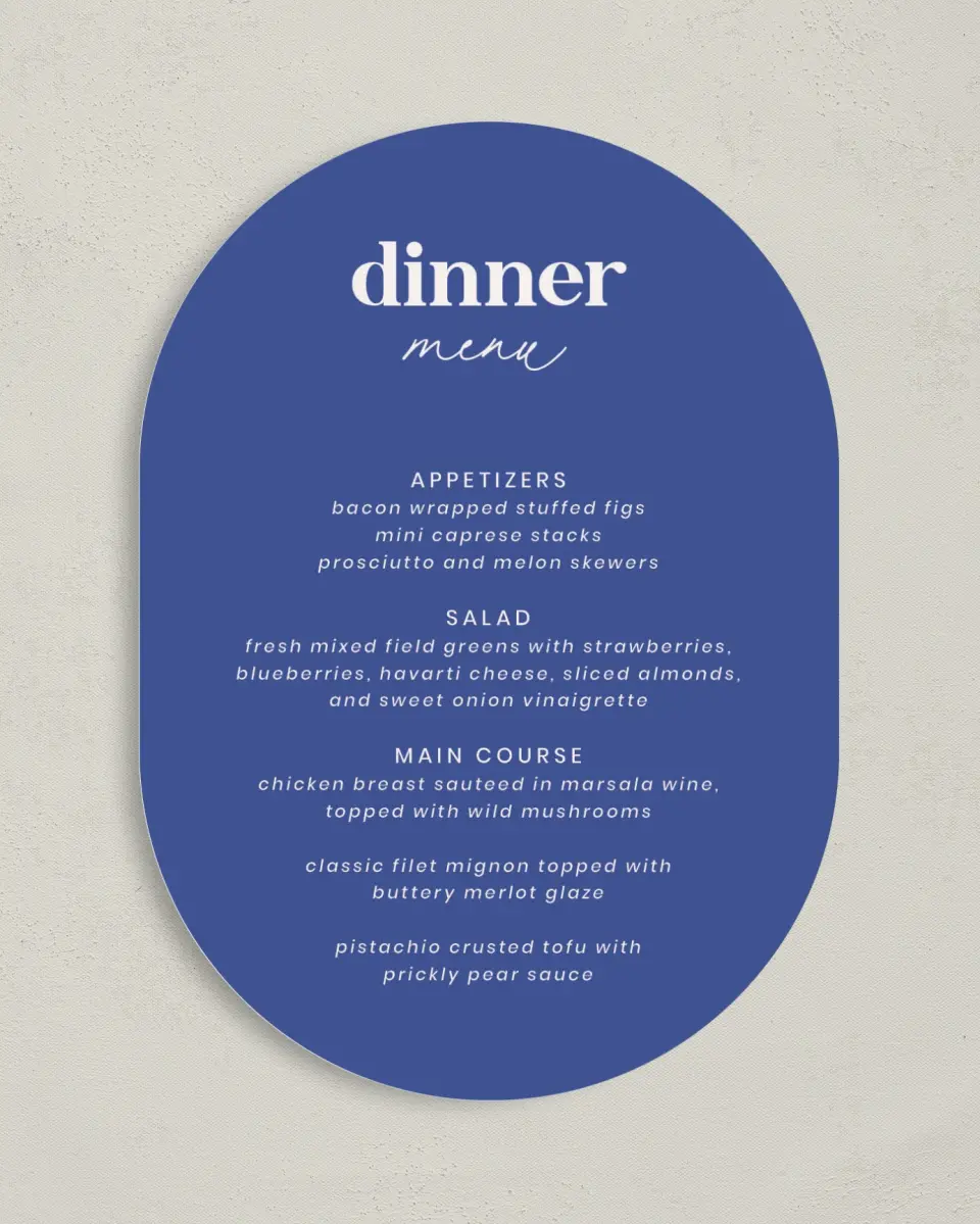This is a 5" x 7" Wedding Menu Card called The Kassidy printed in full color on Premium Smooth paper