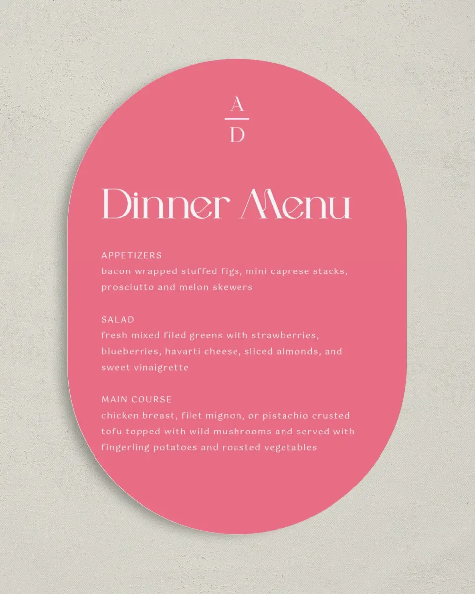 This is a 5" x 7" Wedding Menu Card called The Abigail printed in full color on Premium Smooth paper