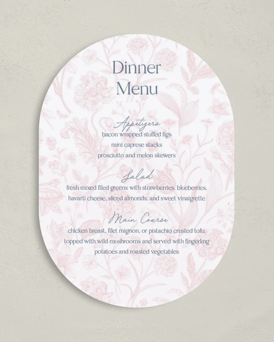This is a 5" x 7" Wedding Menu Card called The Gabriella printed in full color on Premium Smooth paper