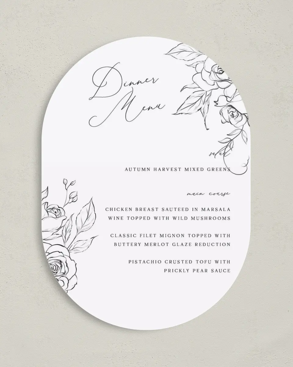 This is a 5" x 7" Wedding Menu Card called The Anabelle printed in full color on Premium Smooth paper