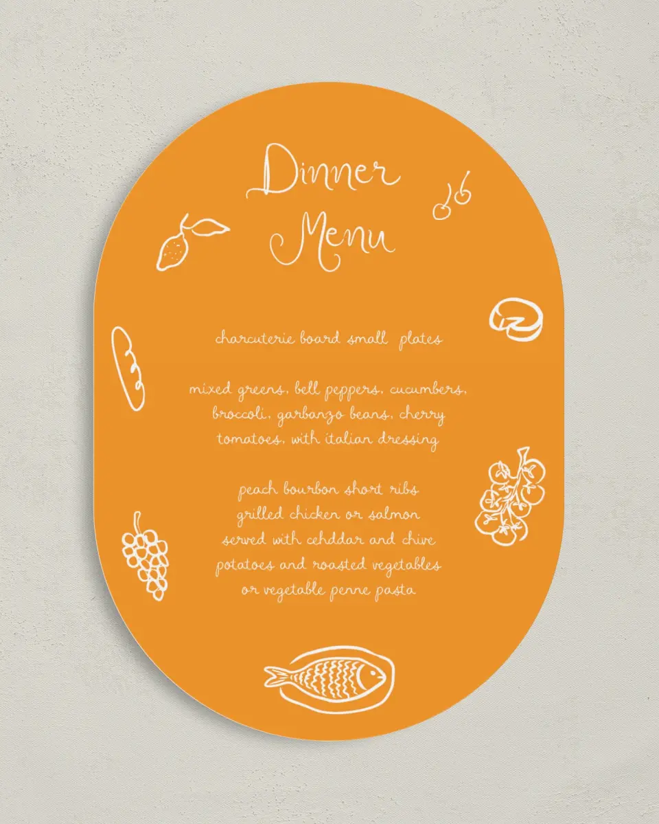 This is a 5" x 7" Wedding Menu Card called The Micayla printed in full color on Premium Smooth paper