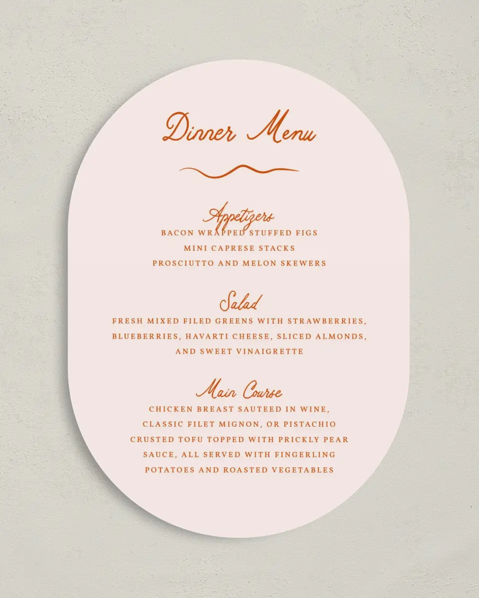 This is a 5" x 7" Wedding Menu Card called The Kennedy printed in full color on Premium Smooth paper