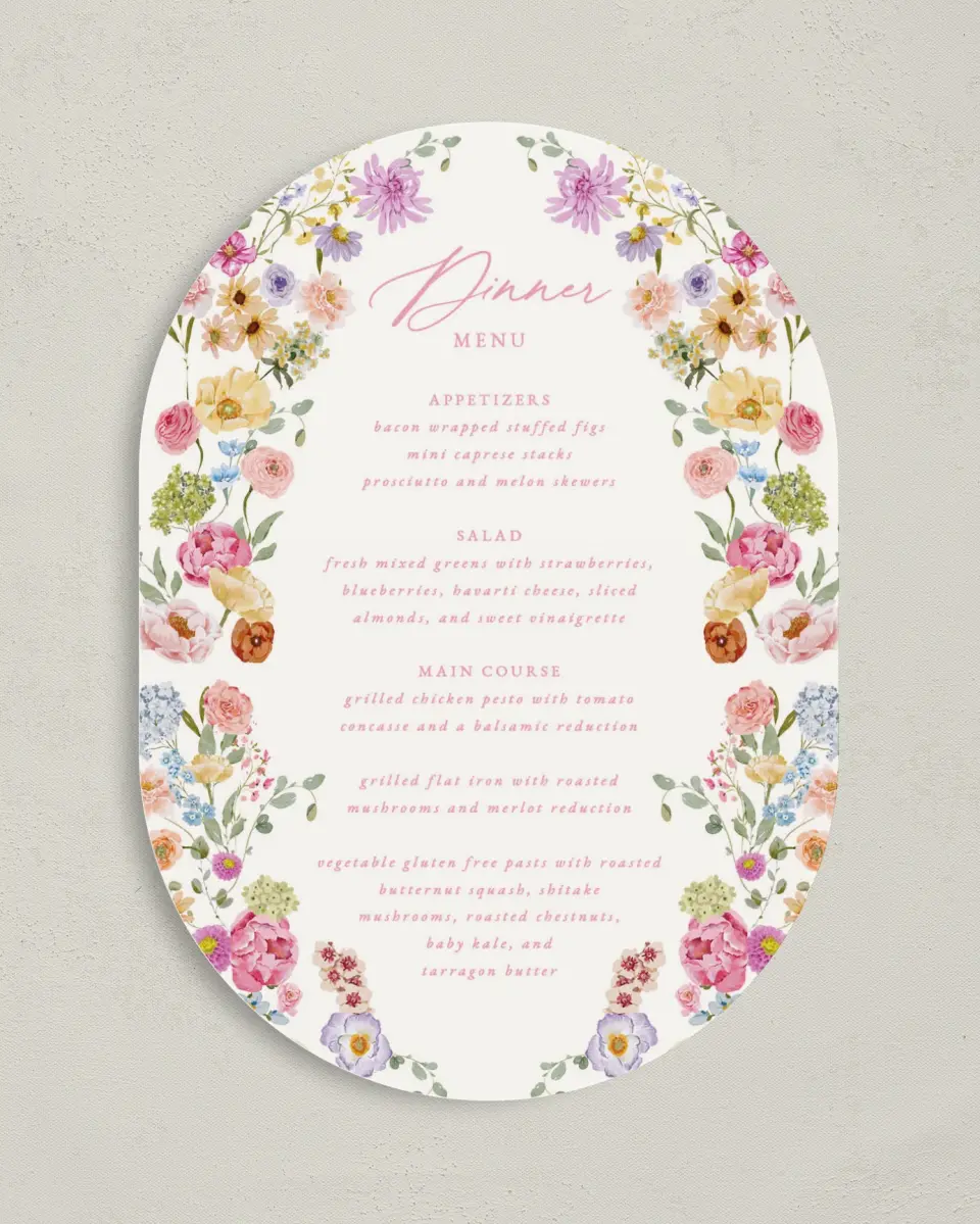 This is a 5" x 7" Wedding Menu Card called The Florence printed in full color on Premium Smooth paper