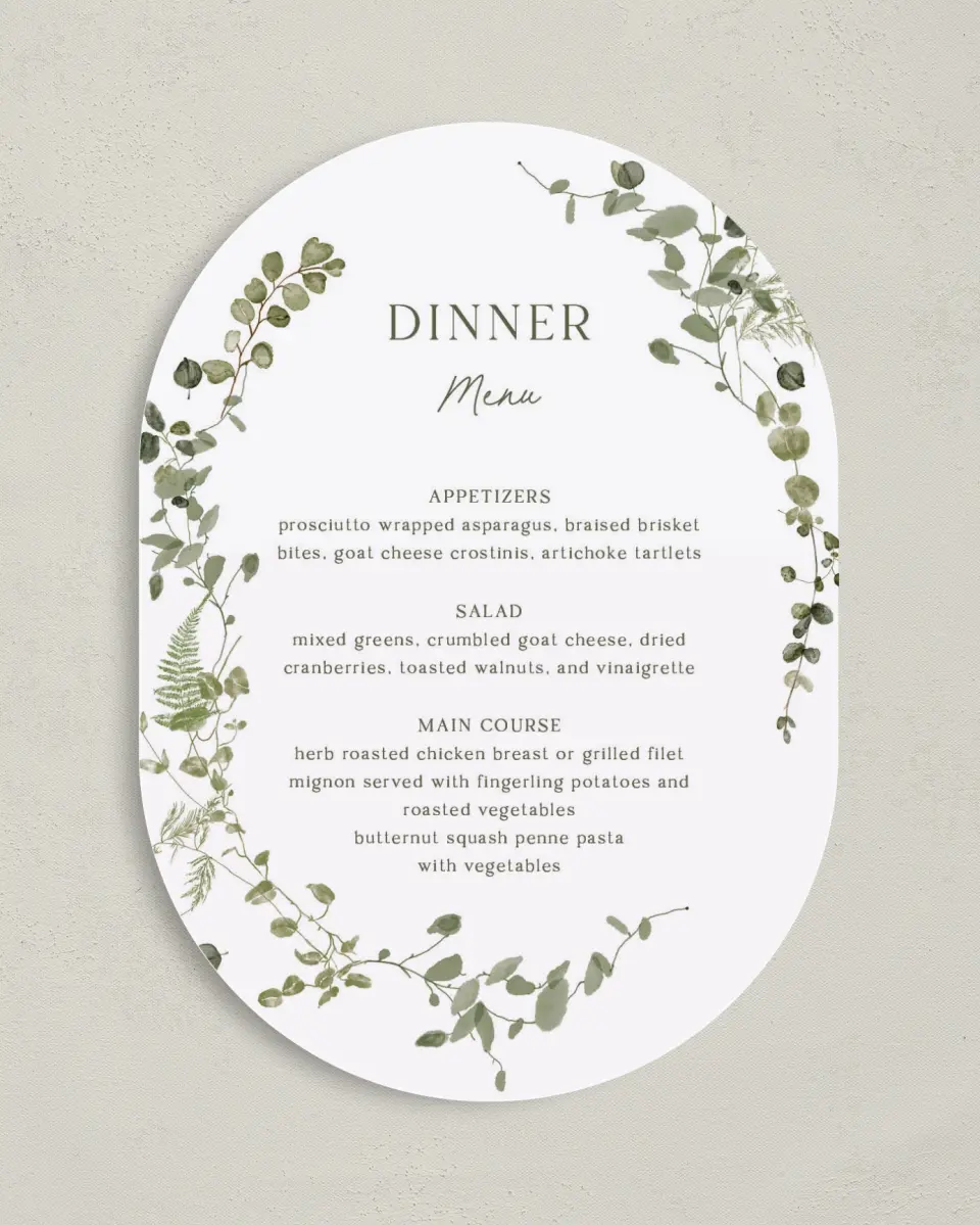 This is a 5" x 7" Wedding Menu Card called The Hailey printed in full color on Premium Smooth paper