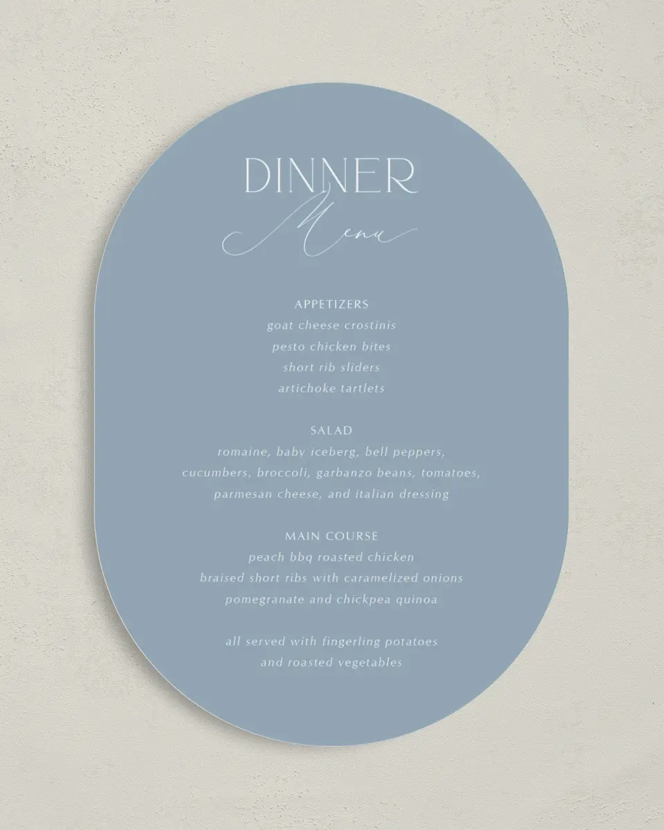 This is a 5" x 7" Wedding Menu Card called The Victoria printed in full color on Premium Smooth paper