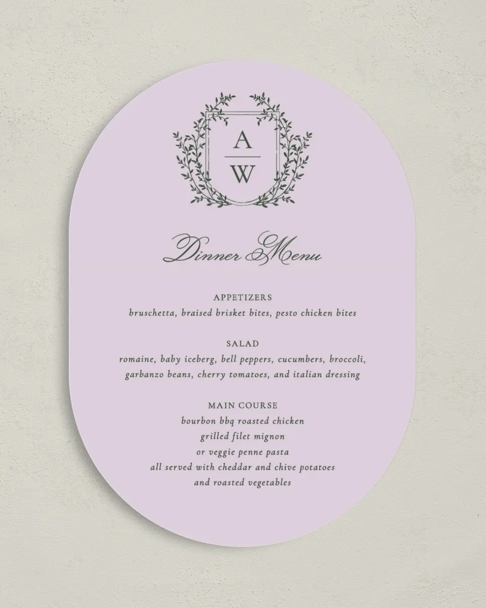 This is a 5" x 7" Wedding Menu Card called The Adaline printed in full color on Premium Smooth paper