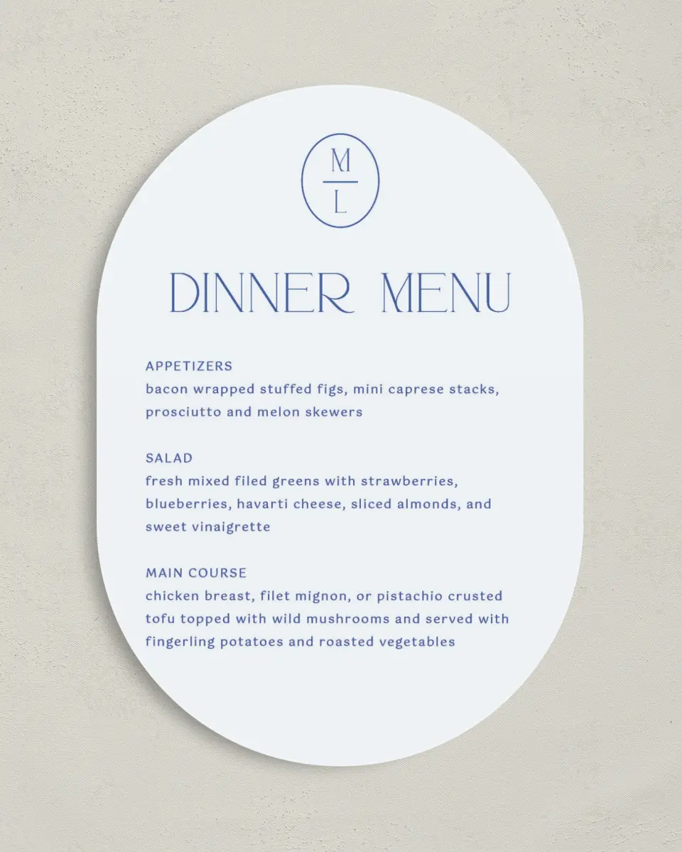 This is a 5" x 7" Wedding Menu Card called The Mila printed in full color on Premium Smooth paper