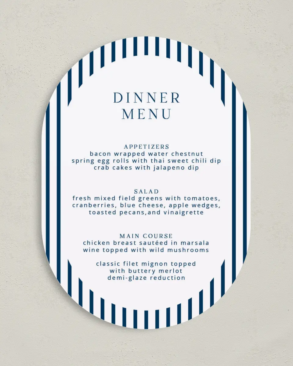 This is a 5" x 7" Wedding Menu Card called The Addison printed in full color on Premium Smooth paper