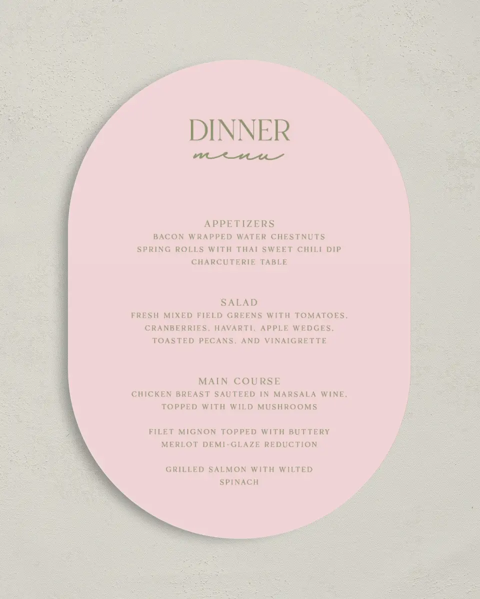 This is a 5" x 7" Wedding Menu Card called The Jolene printed in full color on Premium Smooth paper