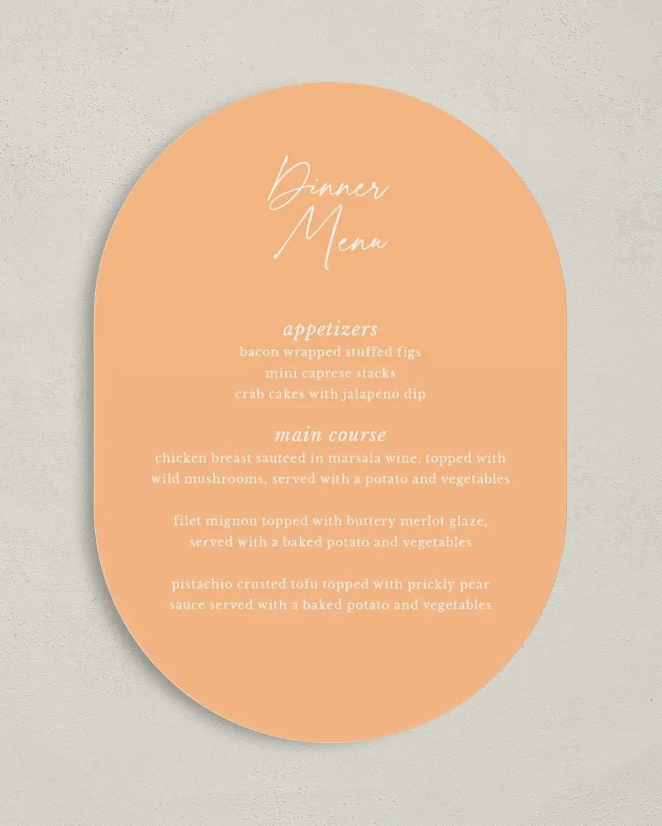 This is a 5" x 7" Wedding Menu Card called The Jess printed in full color on Premium Smooth paper