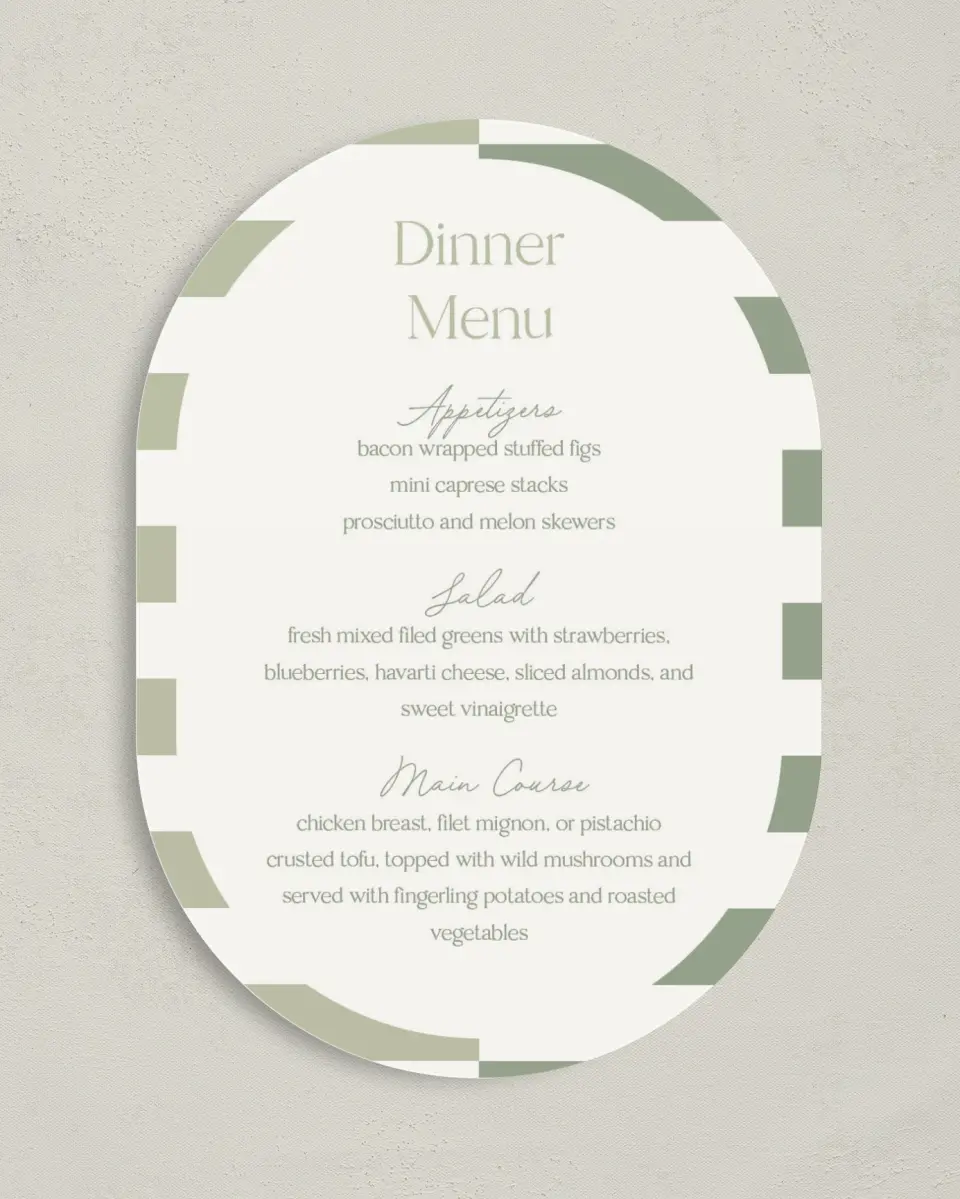 This is a 5" x 7" Wedding Menu Card called The Penelope printed in full color on Premium Smooth paper