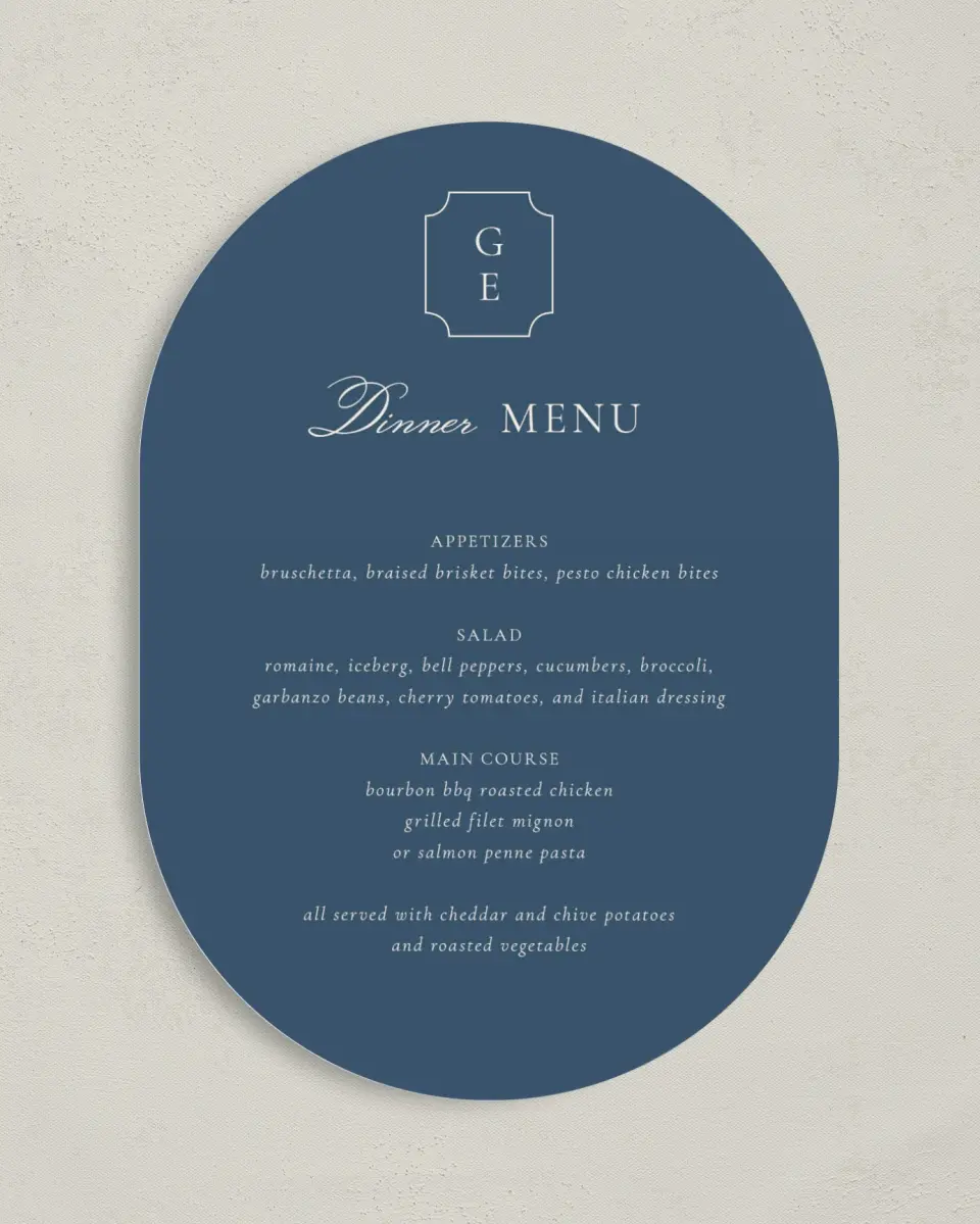 This is a 5" x 7" Wedding Menu Card called The Georgia printed in full color on Premium Smooth paper
