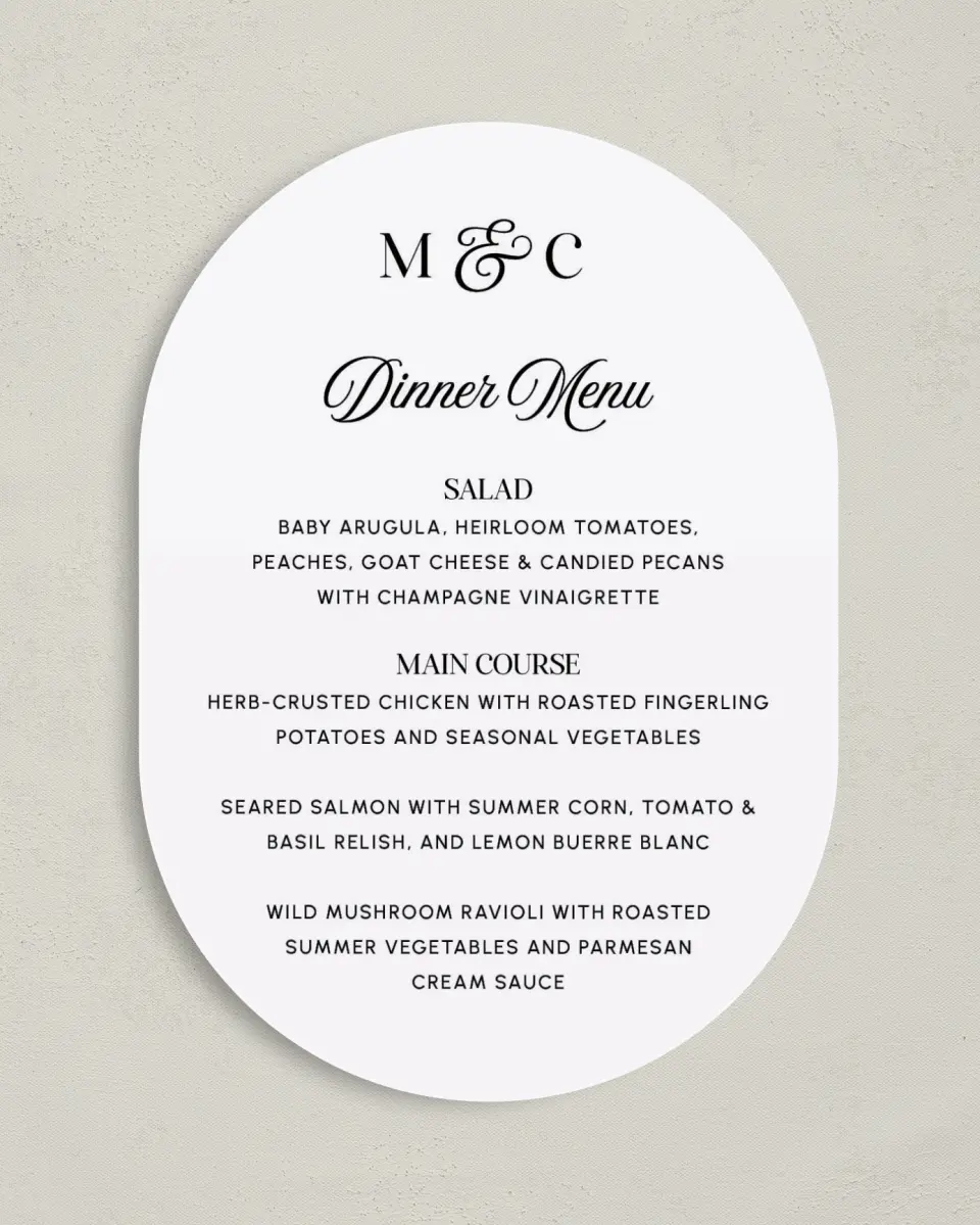 This is a 5" x 7" Wedding Menu Card called The Mallory printed in full color with Gold foil on Luxe Satin paper