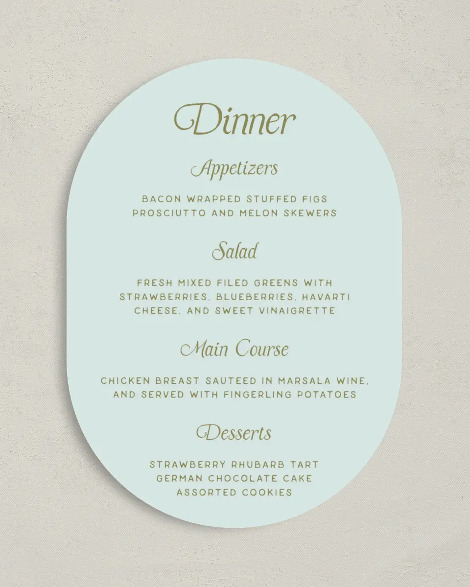 This is a 5" x 7" Wedding Menu Card called The Rosemary printed in full color with Gold foil on Luxe Satin paper