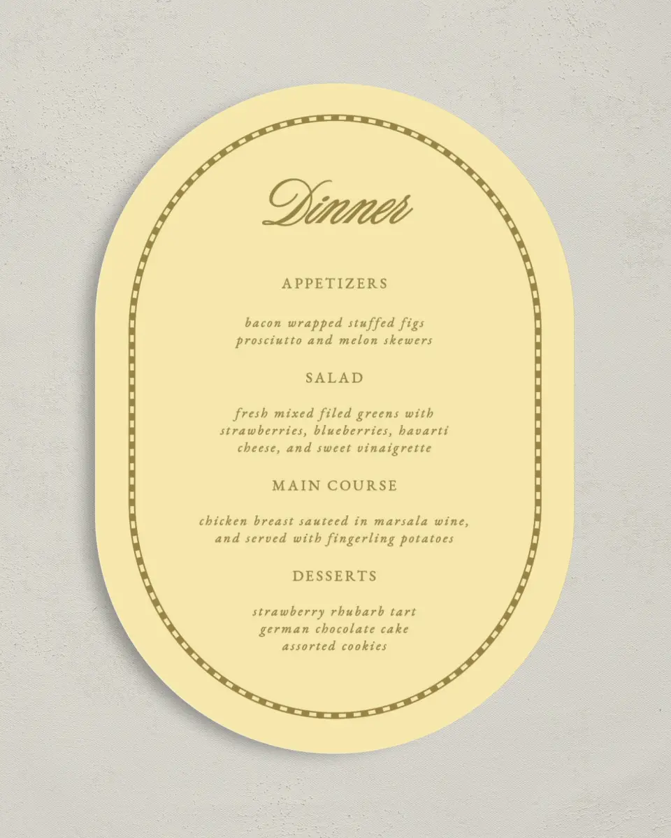 This is a 5" x 7" Wedding Menu Card called The Jillian printed in full color with Gold foil on Luxe Satin paper