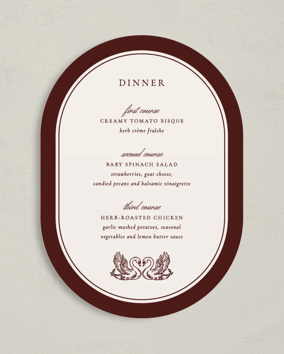This is a 5" x 7" Wedding Menu Card called Swan Song printed in full color on Premium Smooth paper
