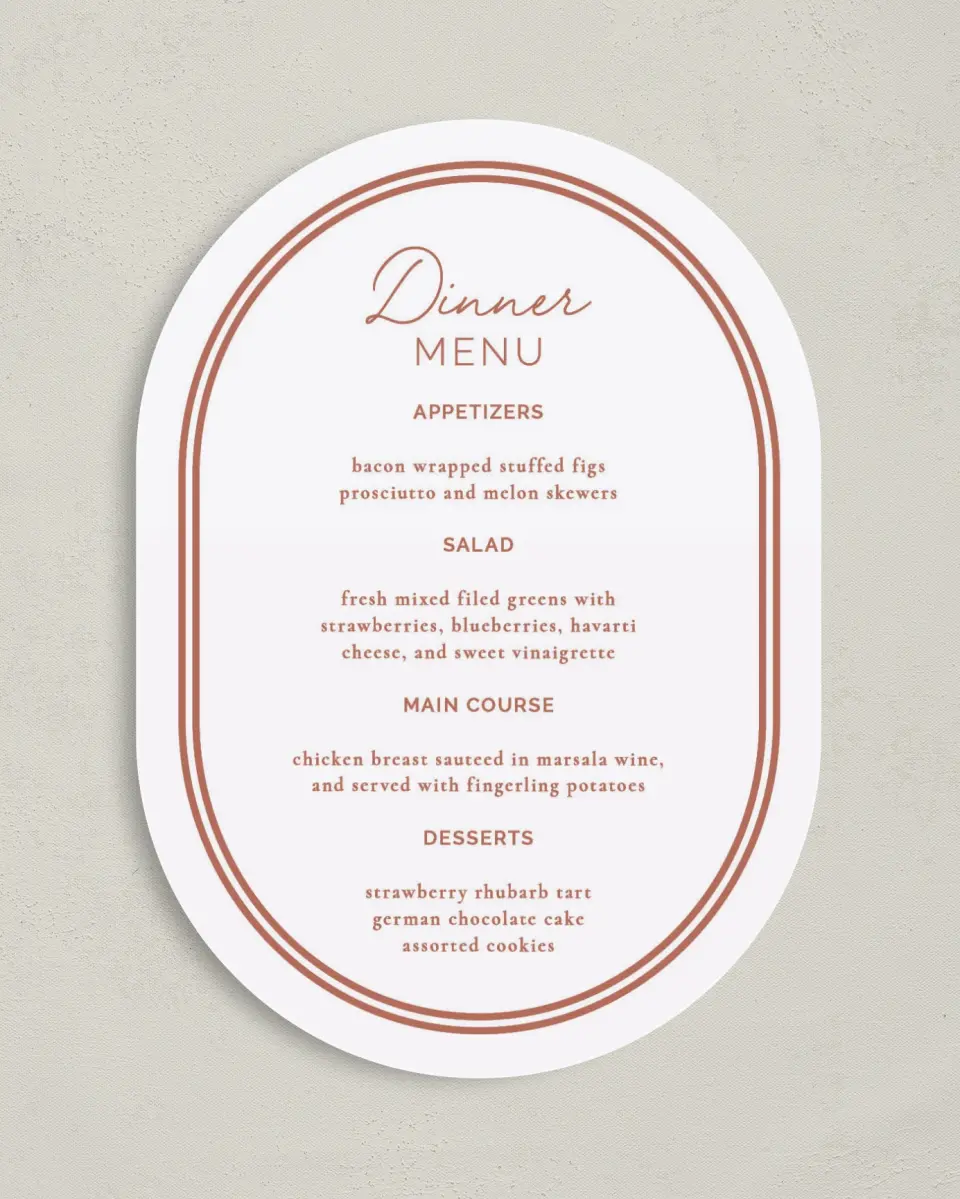 This is a 5" x 7" Wedding Menu Card called The Chelsea printed in full color with Gold foil on Luxe Satin paper