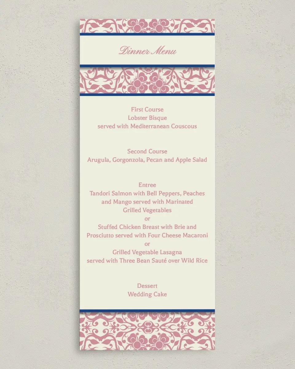 This is a 3⅝" x 8⅞" Wedding Menu Card called Floral Ornament printed in full color on Premium Smooth paper