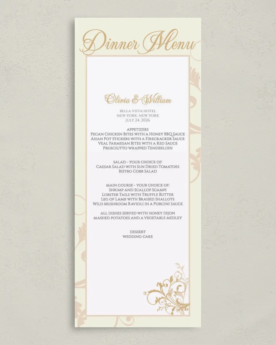 This is a 3⅝" x 8⅞" Wedding Menu Card called Classic Allure printed in full color on Premium Smooth paper