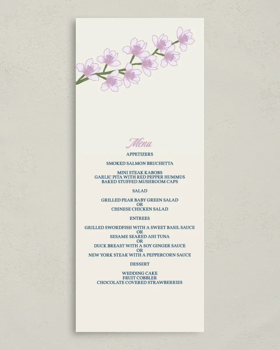 This is a 3⅝" x 8⅞" Wedding Menu Card called Waking Beauty printed in full color on Premium Smooth paper