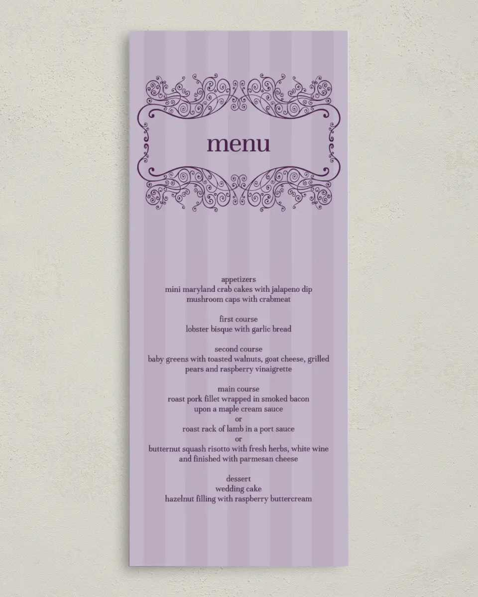 This is a 3⅝" x 8⅞" Wedding Menu Card called Lovely Lavender printed in full color on Premium Smooth paper