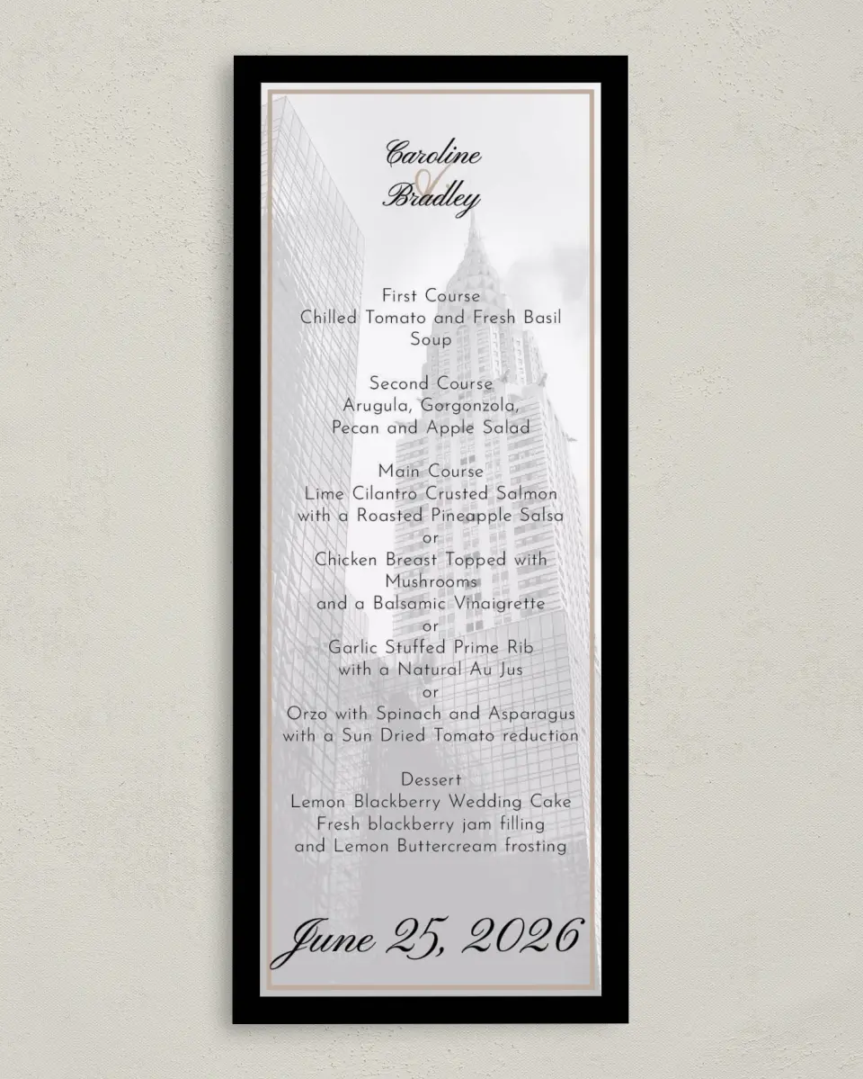 This is a 3⅝" x 8⅞" Wedding Menu Card called Classic New York printed in full color on Premium Smooth paper