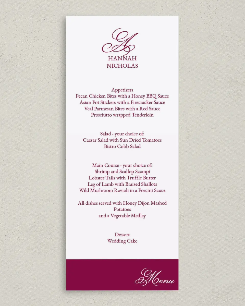This is a 3⅝" x 8⅞" Wedding Menu Card called Forever Yours printed in full color on Premium Smooth paper