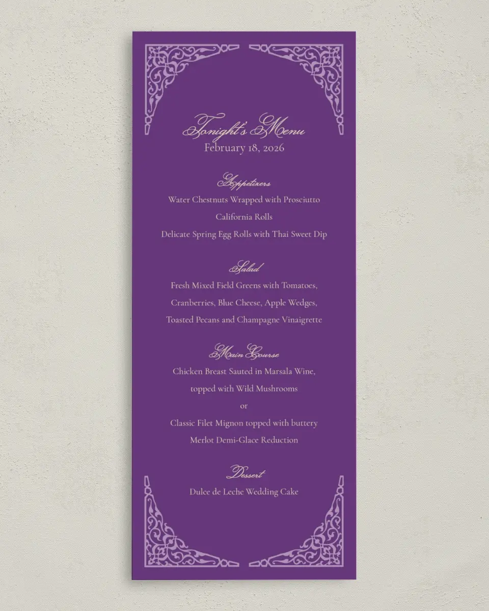 This is a 3⅝" x 8⅞" Wedding Menu Card called Simple Tradition printed in full color on Premium Smooth paper