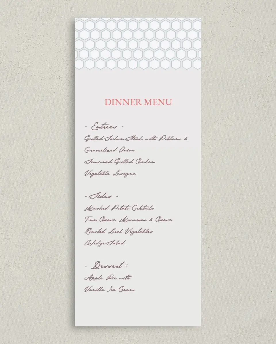 This is a 3⅝" x 8⅞" Wedding Menu Card called Honey Blossoms printed in full color on Premium Smooth paper
