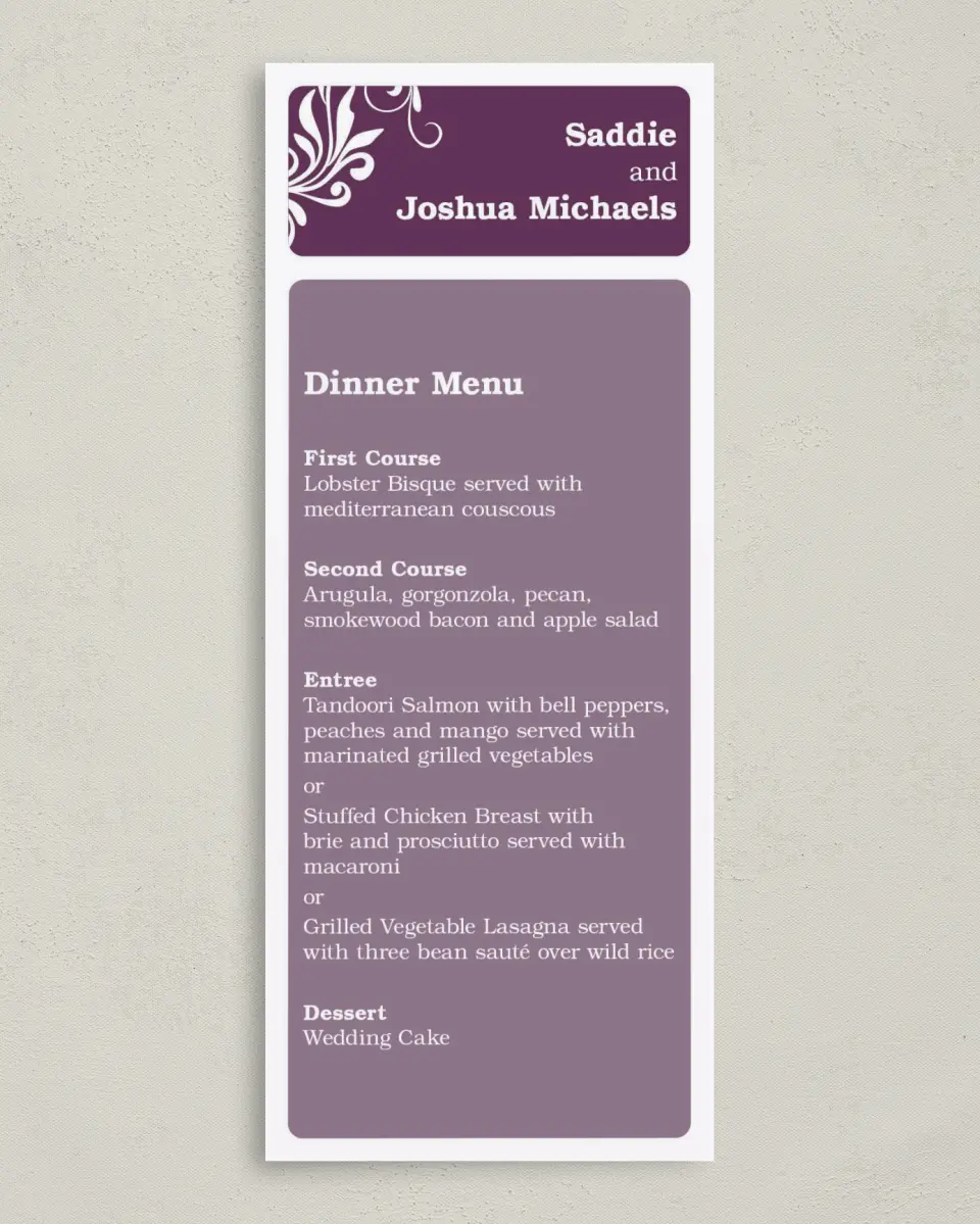 This is a 3⅝" x 8⅞" Wedding Menu Card called Alluring Affection printed in full color on Premium Smooth paper