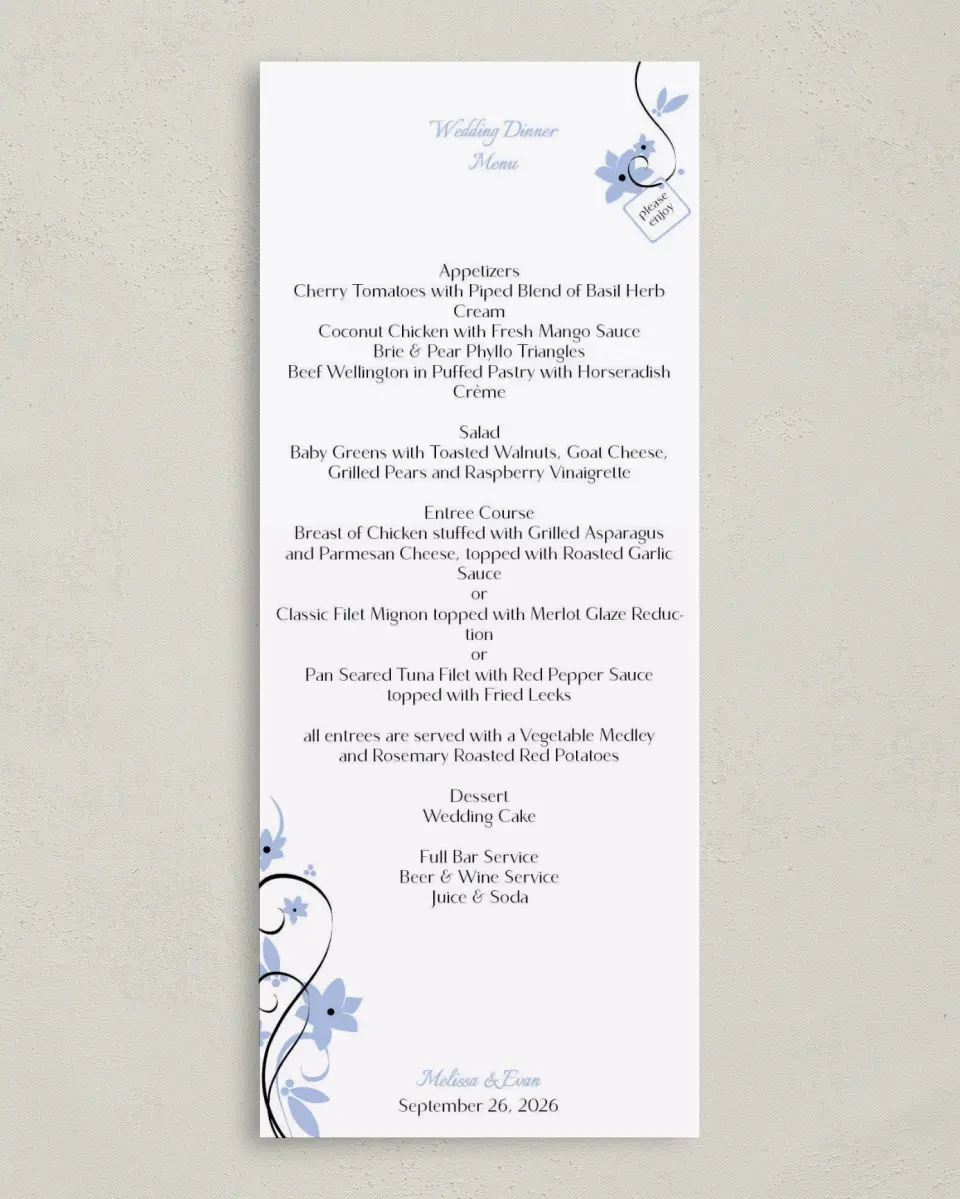 This is a 3⅝" x 8⅞" Wedding Menu Card called Floral Flourish printed in full color on Premium Smooth paper