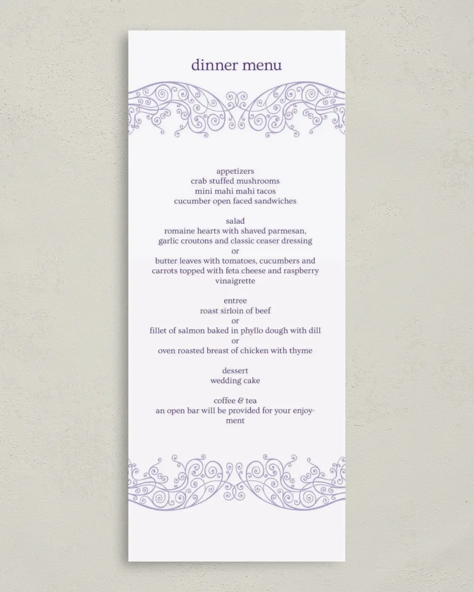 This is a 3⅝" x 8⅞" Wedding Menu Card called Charming Lavender printed in full color on Premium Smooth paper