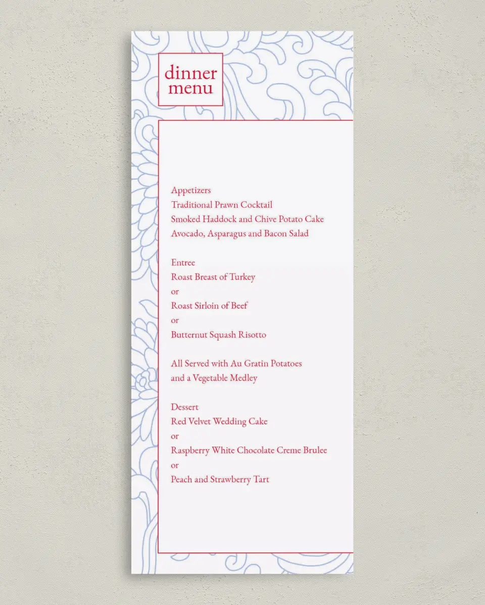 This is a 3⅝" x 8⅞" Wedding Menu Card called Pristine Beauty printed in full color on Premium Smooth paper