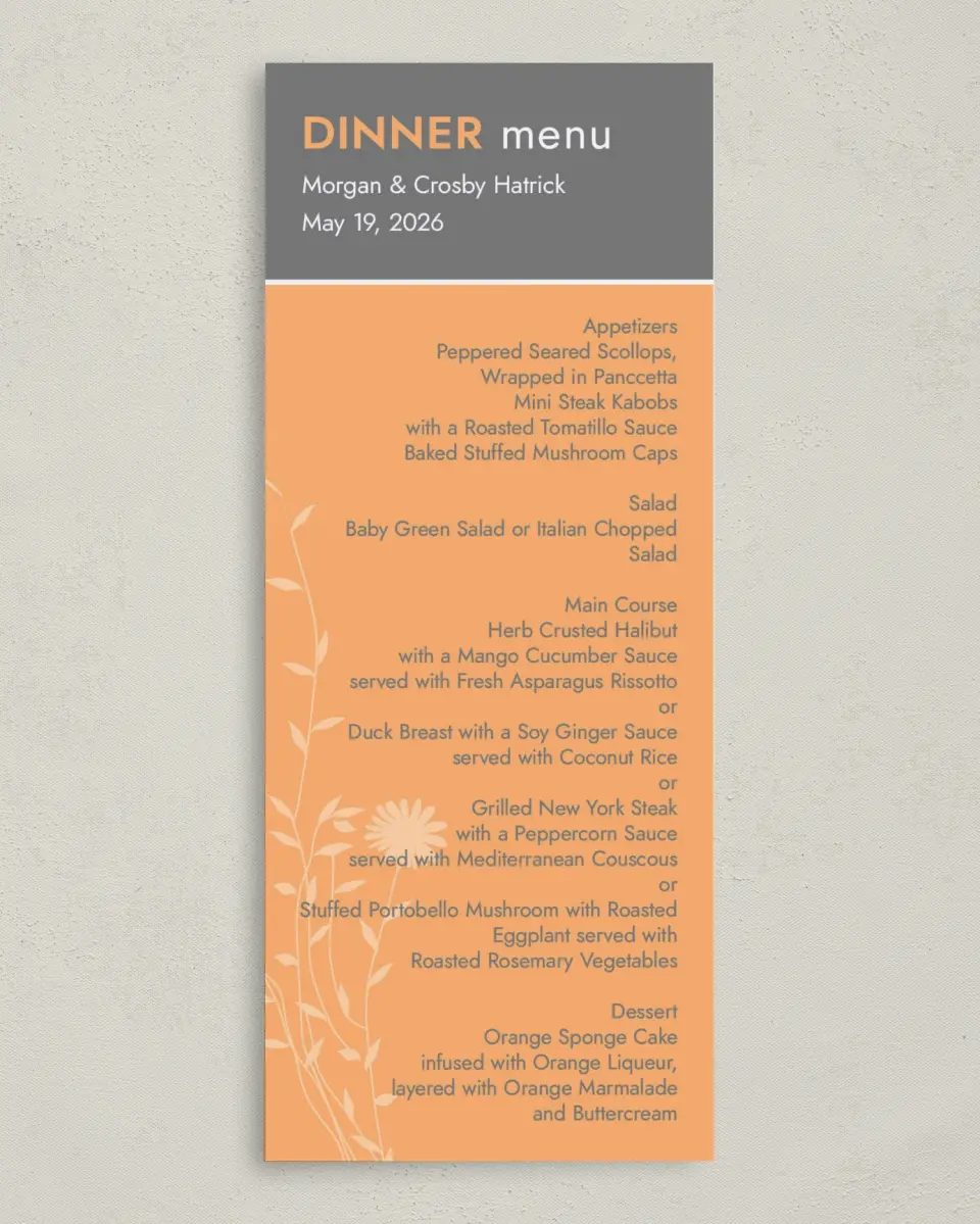 This is a 3⅝" x 8⅞" Wedding Menu Card called Field of Love printed in full color on Premium Smooth paper